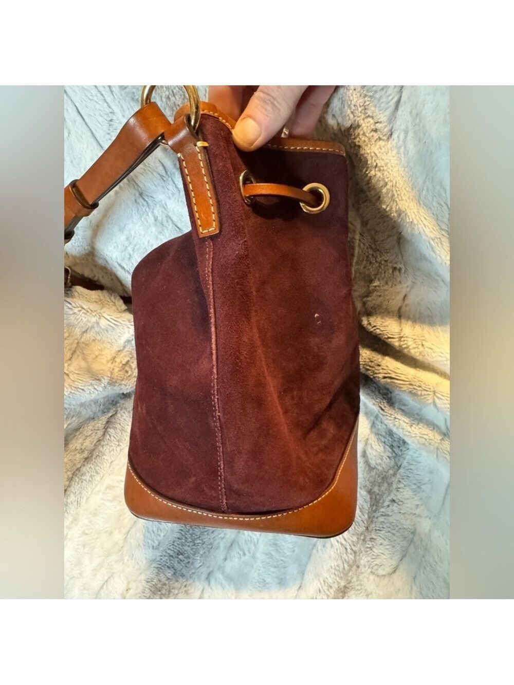 Dooney & Bourke - Suede Drawstring Bucket Bag - EUC 
Dark Brown/Burgundy Color - Picture 10 of 13